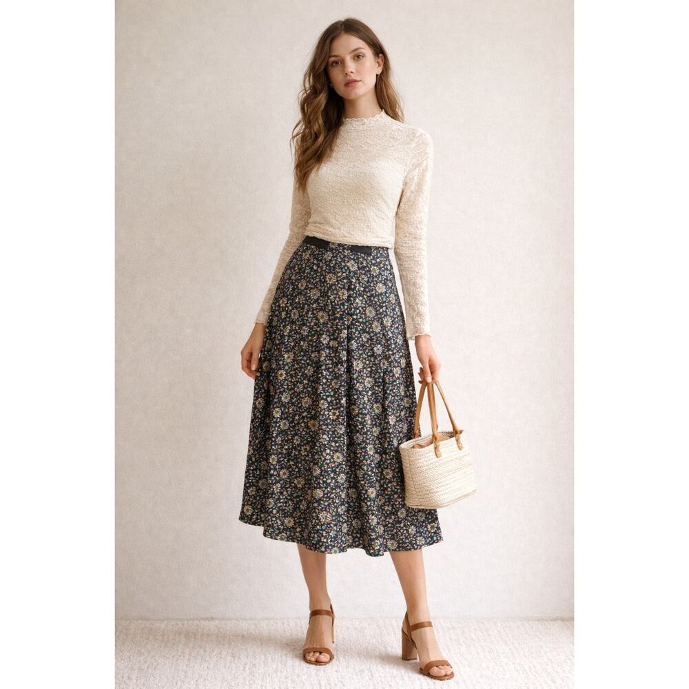Tory Burch Silk Floral Midi Skirt Size 8 Boho Cottagecore Navy A-Line Designer